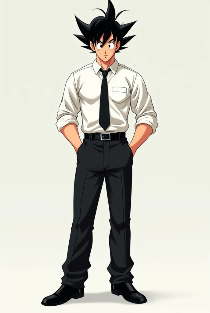 Make Goku with a white dress shirt, black tie, black dress pants, black belt and black shoes, make it less serious and with normal shirt sleeves