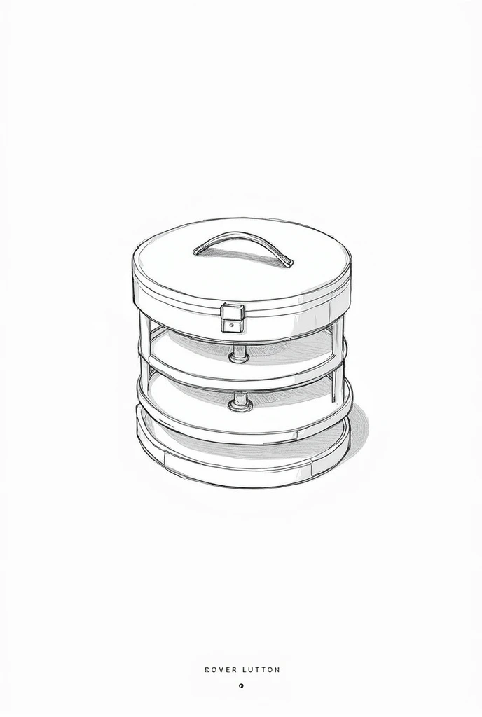round makeup kit with 3 floors attached, a button to hold the floors on place and a handle attached to the kit in sketch art