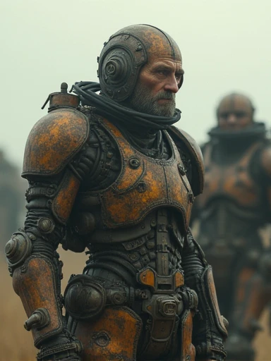 (Masterpiece.UHD.photorealistic analog photography. 1950 style) In a dystopian retro futuristic world. a tired warrior. In A 3 meter tall exo skeleton armor. Wires, tubes, diesel punk.surrounded by 1930 clunky war evil robots. early morning light.