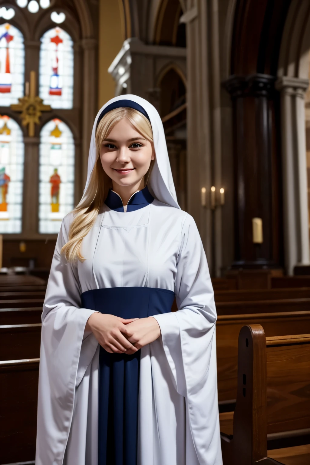 Cute Russian girl、Blonde Hair、Blue Eyes、Smiling、Slim body、Monastic uniform、Nuns、Standing before the cross、In the church