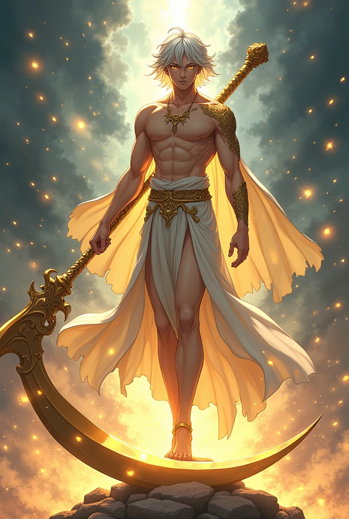 A full body image of a young adult half-celestial brown skinned male, shoulder-length white hair and pupil-less golden eyes, on top of a large golden sickle stuck in the ground. made with anime lines.