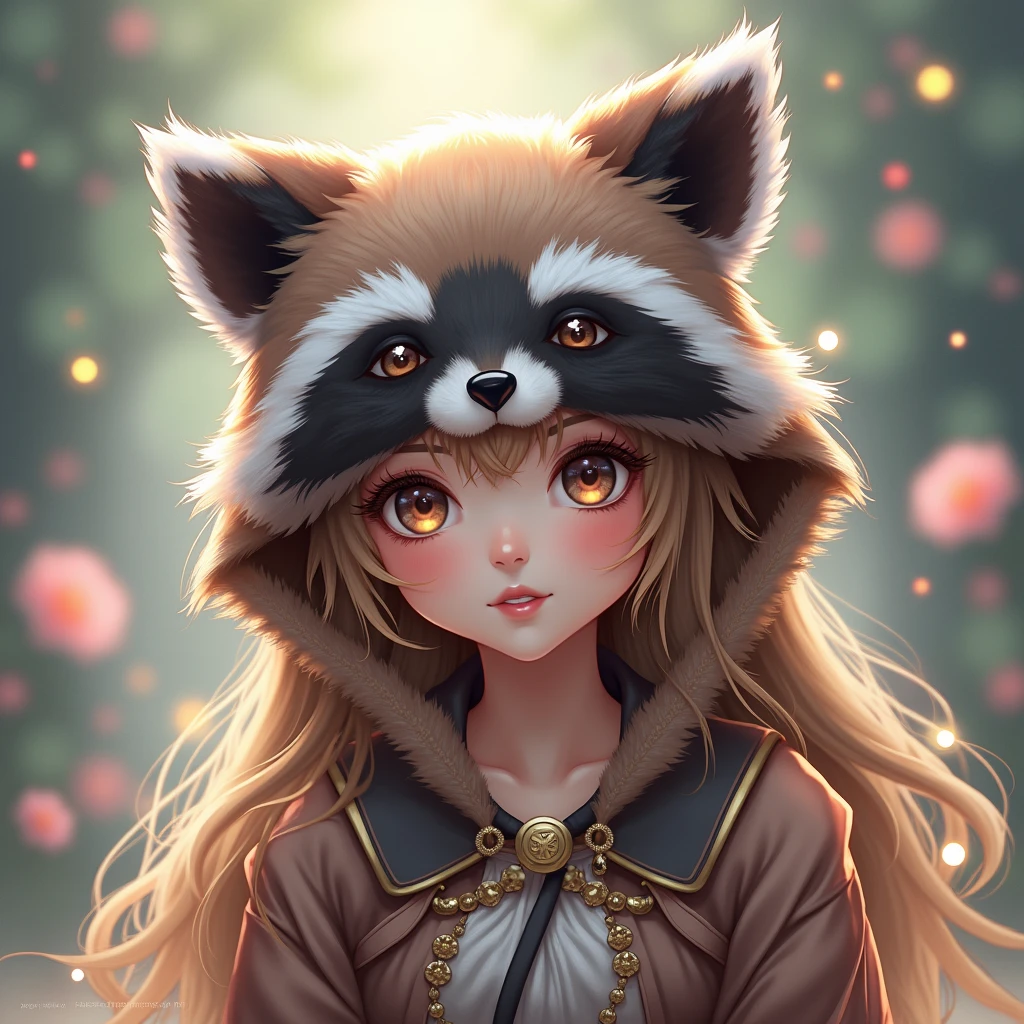 masterpiece, best quality, girl in cosplay of raccoon, girl as raccoon