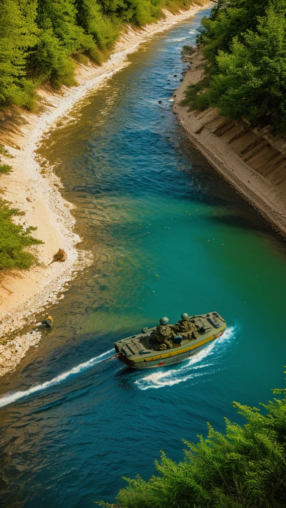 Two UN soldiers in blue helmets fight a river monster