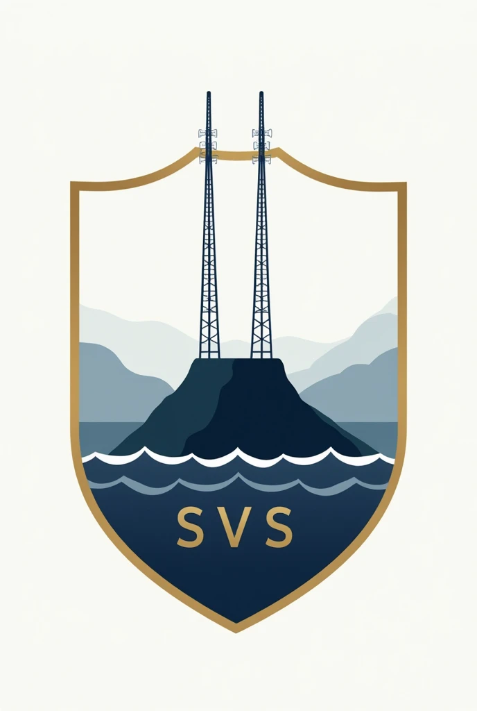 Minimalist football shield with a centralized hill, two equally sized wire towers on top of the hill, small waves of a tide below. At the bottom the acronym SvS. in dark blue colors, light blue, white and gold