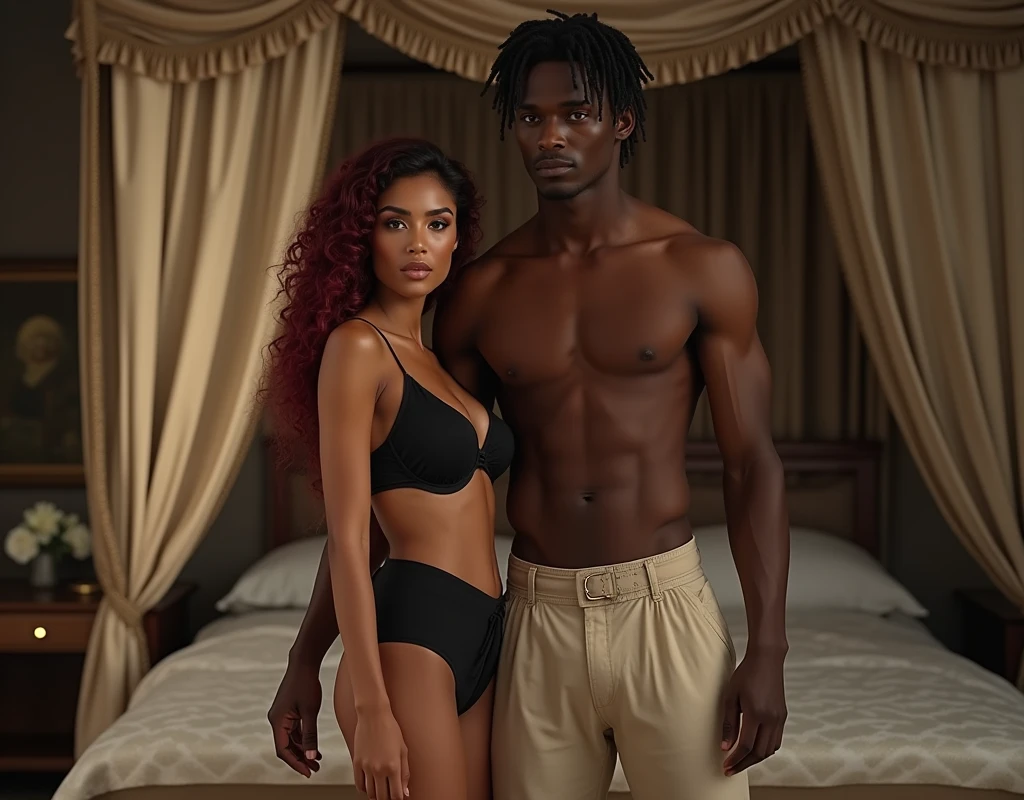 Very tall French-Nubian featured male model that is clean shaven, very loose curled hair, tall thin toned body, cream pants, kind expression, standing behind a shorter young woman, milky snow skin tone, vibrant blood-red-maroon wavy-curled long hair parted to the side, black bra and black panties. Her expression is amused. Inside a classical French bedroom, canopy bed, low lighting.