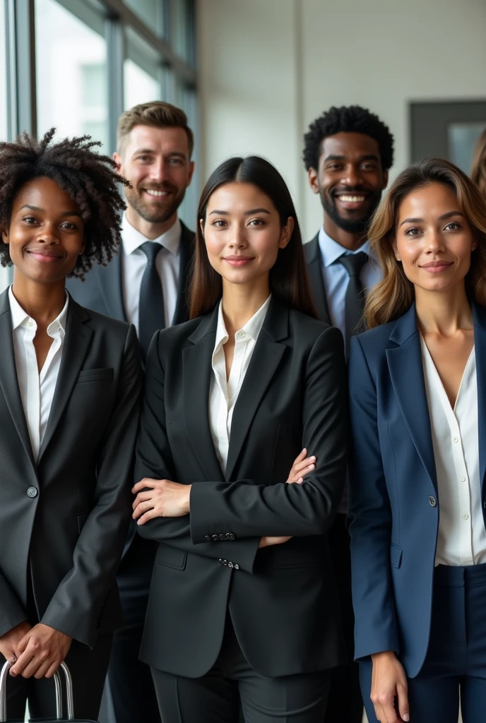 Group of business people of various age groups, gender and race and that they are looking at the camera.