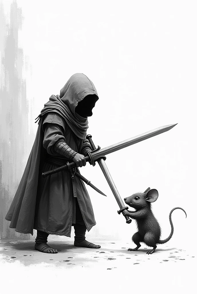 Human with sword fighting a mouse with sword ,sem capacete Mediovale, Mediovale , black and white white scenery,