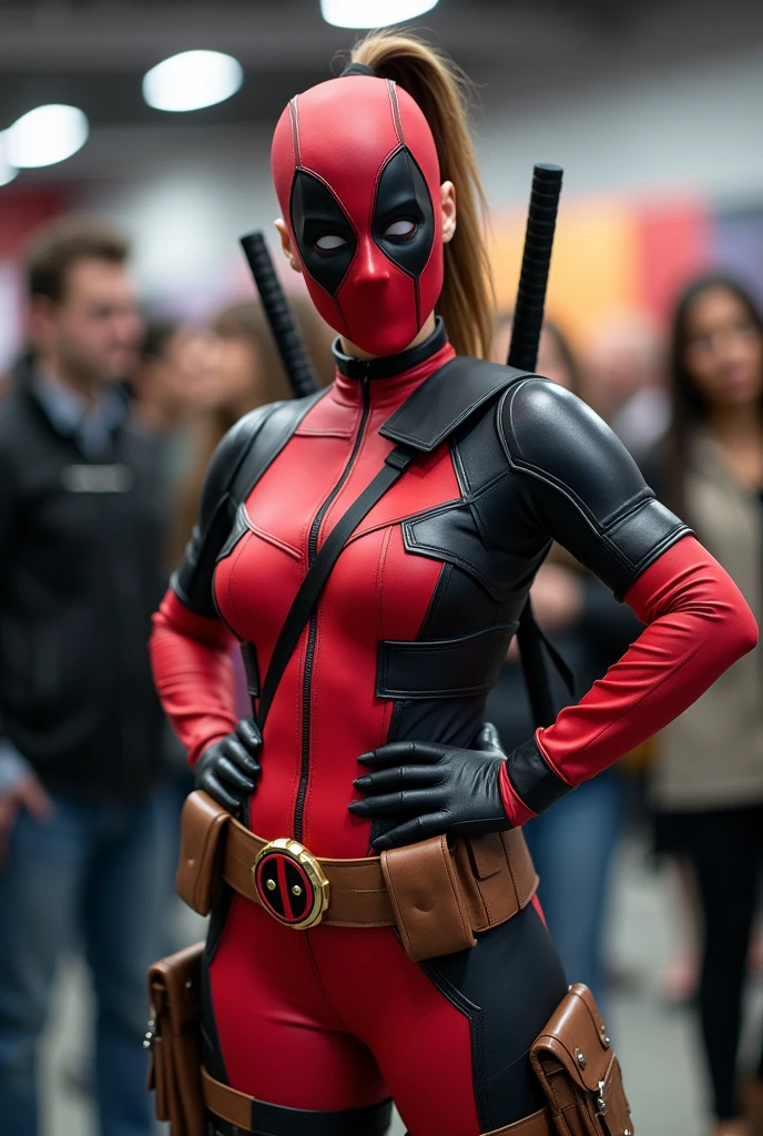 Brunette instagram influencer, dressed as Ladypool, hair in ponytail, Deadpool logo belt buckle, at a comic convention, in the style of comicon photos, taking pictures with fans, full body, super hero pose