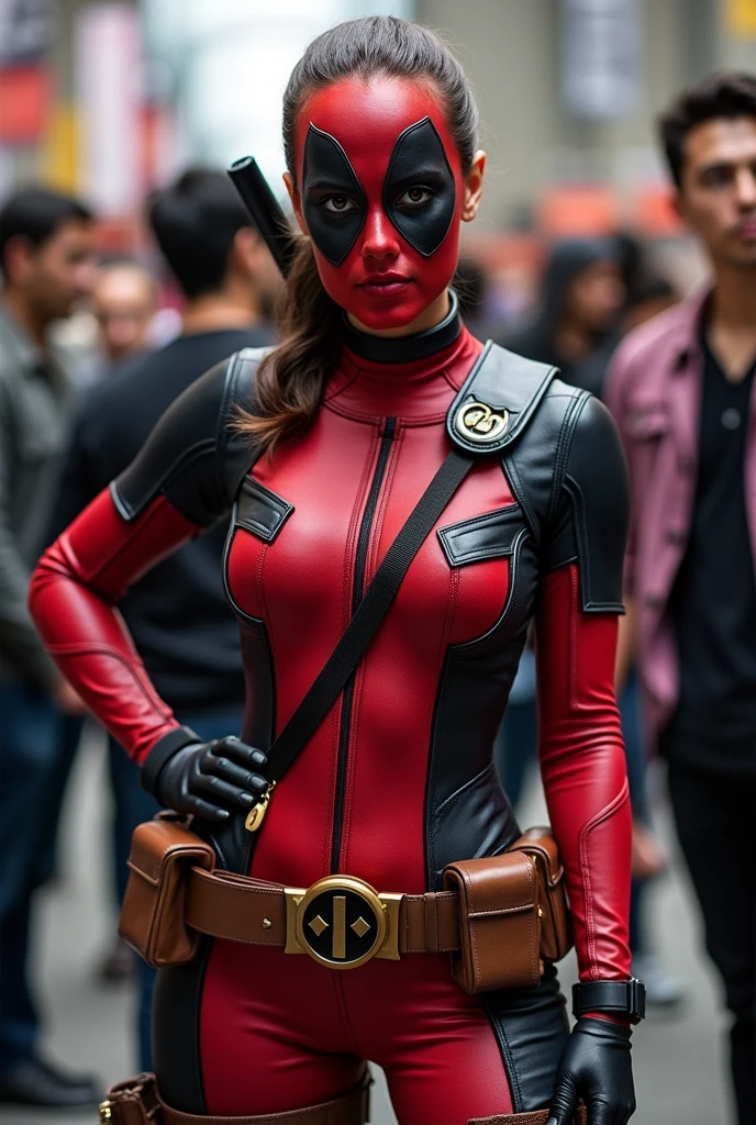 Brunette instagram influencer, dressed as Ladypool, hair in ponytail, Deadpool logo belt buckle, at a comic convention, in the style of comicon photos, taking pictures with fans, full body, super hero pose