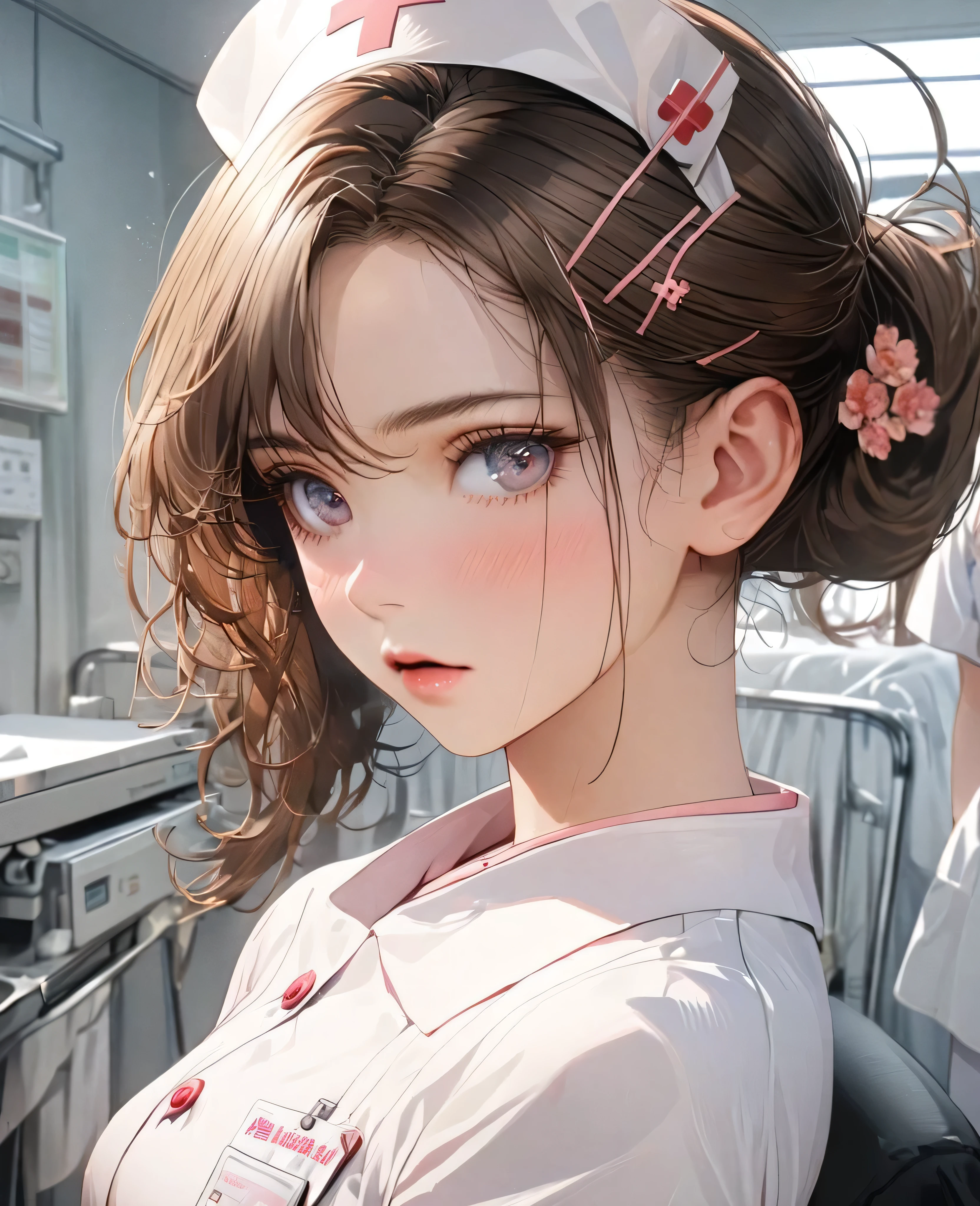 8k,Ephemeral beauty，Very delicate and beautiful,Beautiful and realistic skin,Beautiful brown hair、Tied Hair,Beautiful Eyes,good,hospital、Normal Nurse Uniform、
