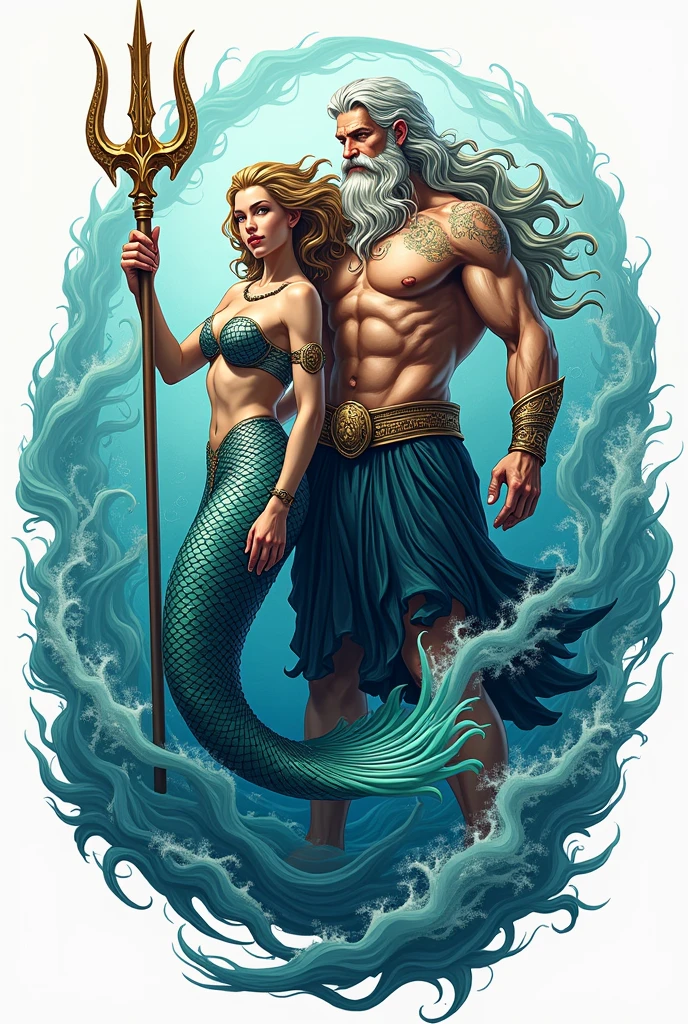 A logo of a mermaid poseidon and a trident