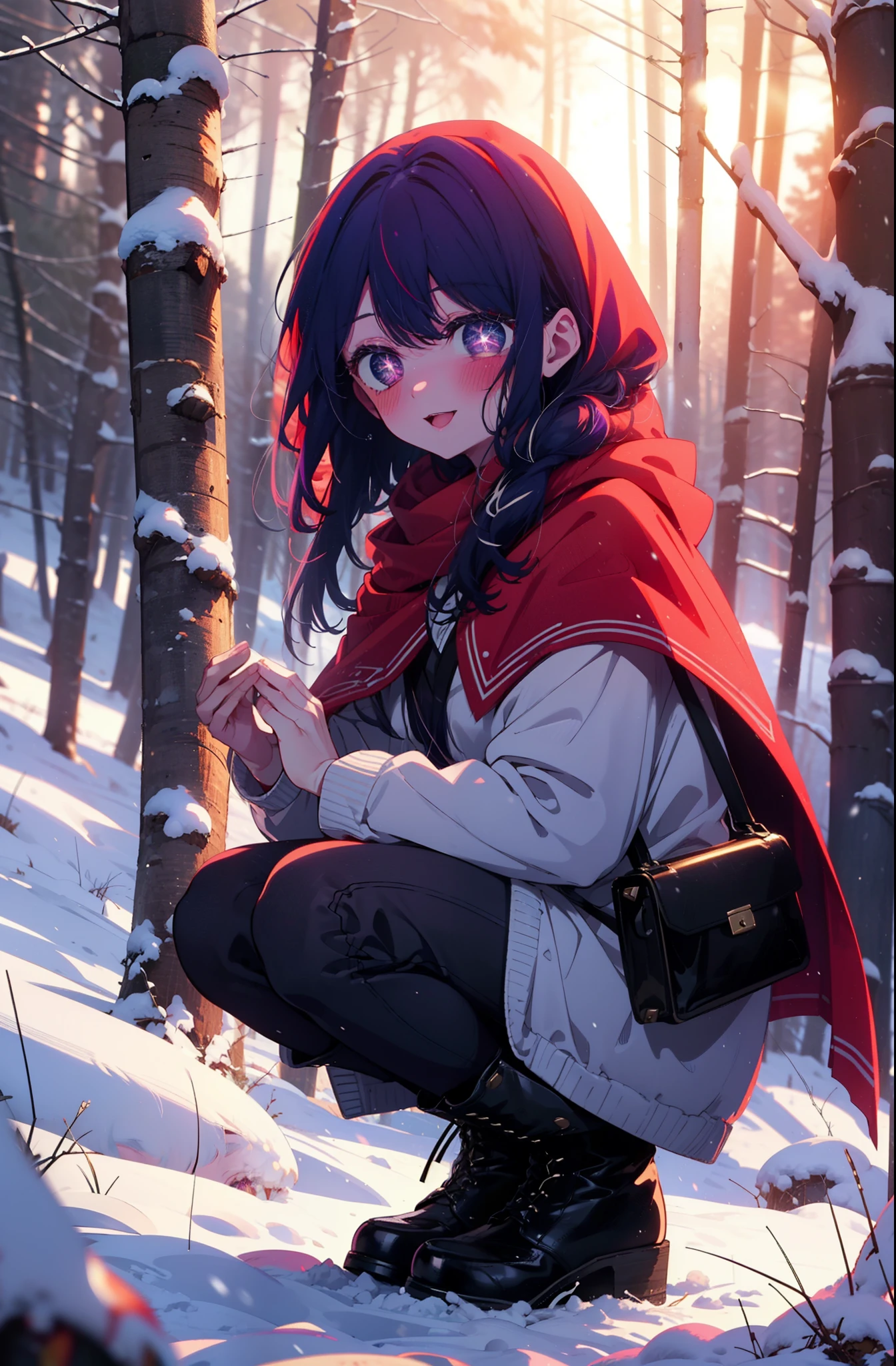 aihoshino, Ai Hoshino, Long Hair, bangs, (Purple eyes:1.1), Purple Hair, (Symbol-shaped pupil:1.5), smile,,smile,blush,white breath,
Open your mouth,snow,Ground bonfire, Outdoor, boots, snowing, From the side, wood, suitcase, Cape, Blurred, , forest, White handbag, nature, Squat, Mouth closed, Cape, winter, Written boundary depth, Black shoes, red Cape break looking at viewer, Upper Body, whole body, break Outdoor, forest, nature, break (masterpiece:1.2), Highest quality, High resolution, unity 8k wallpaper, (shape:0.8), (Beautiful and beautiful eyes:1.6), Highly detailed face, Perfect lighting, Highly detailed CG, (Perfect hands, Perfect Anatomy),