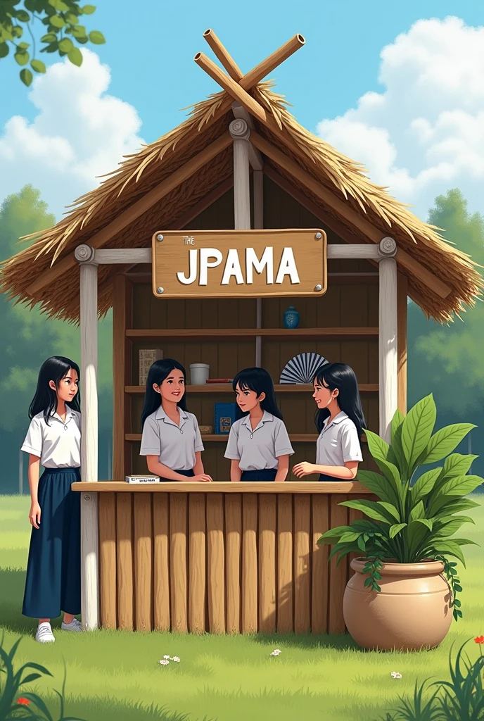 create a very simple cheap nipa hut booth, nipa roof, located in SCHOOL field. with a big flower vase or an aesthetic green plant on the right side and abaniko fans on the left side with baníg or filipino mat. put JPAMA word signage on the front. put a big table inside with students in white uniform blouse and dark blue pants. filipino style. with 4 white pillars, simple sticks.