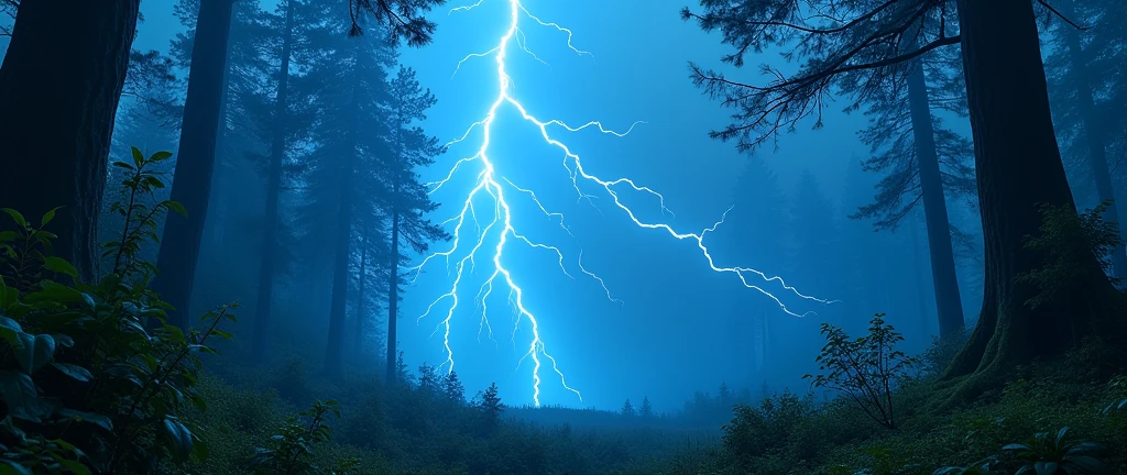 Amazing background with forest and with blue lightning in the sky
