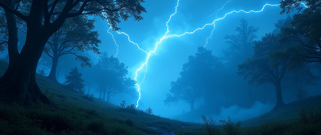 Amazing background with forest and with blue lightning in the sky