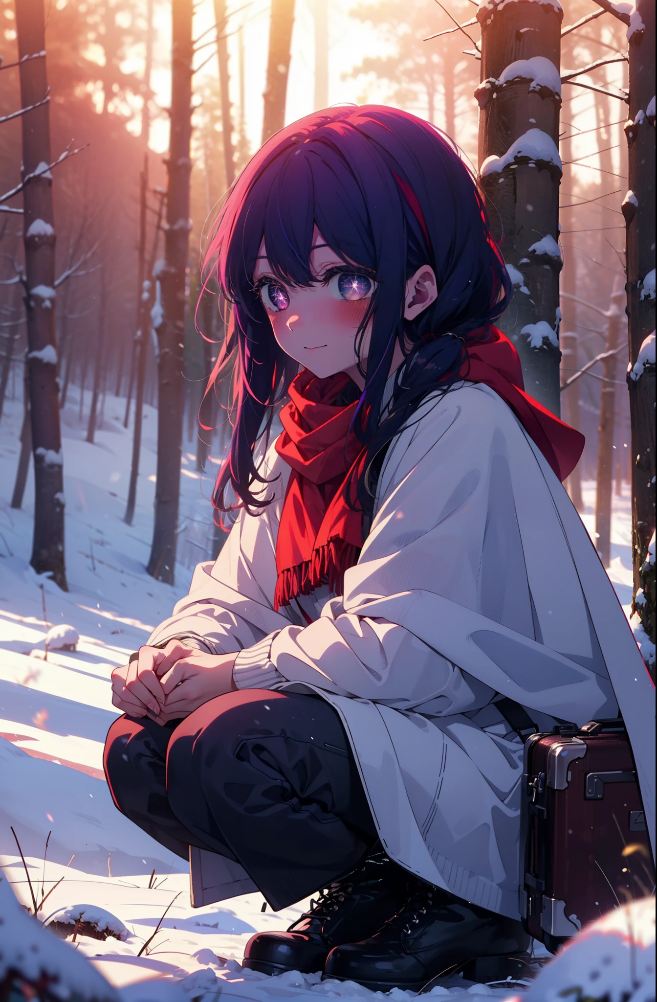 aihoshino, Ai Hoshino, Long Hair, bangs, (Purple eyes:1.1), Purple Hair, (Symbol-shaped pupil:1.5), smile,,smile,blush,white breath,
Open your mouth,snow,Ground bonfire, Outdoor, boots, snowing, From the side, wood, suitcase, Cape, Blurred, , forest, White handbag, nature, Squat, Mouth closed, Cape, winter, Written boundary depth, Black shoes, red Cape break looking at viewer, Upper Body, whole body, break Outdoor, forest, nature, break (masterpiece:1.2), Highest quality, High resolution, unity 8k wallpaper, (shape:0.8), (Beautiful and beautiful eyes:1.6), Highly detailed face, Perfect lighting, Highly detailed CG, (Perfect hands, Perfect Anatomy),