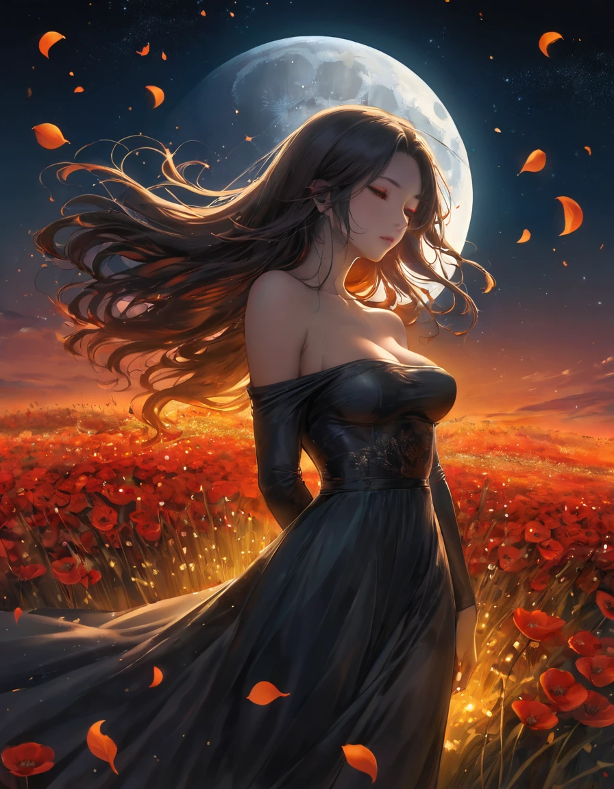 A digital illustration depicts a young woman standing in profile among a sea of vibrant red flowers, likely poppies, in a mystical field at night. The woman has long, sexy Sensual big titis decote dark hair that flows dramatically behind her, caught in a gentle breeze, creating a sense of movement and adding depth to the scene. She wears an off-the-shoulder, dark-gold pinkshock  dress adorned with intricate floral patterns featuring red and gold flowers, as well as small geometric designs. Her face is turned slightly upward, eyes closed, and lips slightly parted, exuding a serene and contemplative expression. The background features a massive, luminous full moon dominating the upper center of the image, casting a warm, golden-orange glow across the scene. The moon's surface is highly detailed with visible craters and textures, creating a surreal and enchanting atmosphere. The sky surrounding the moon transitions from deep midnight blue to a reddish-orange hue near the horizon, dotted with scattered stars. The foreground is filled with numerous bright red flowers with orange centers and delicate, paper-thin petals, their slender green stems and leaves visible. Some flowers appear to glow softly, enhancing the magical quality of the scene. Behind the flowers, tall, golden wheat-like stalks add depth and texture to the midground. The overall composition is centered on the woman, with the moon providing dramatic backlighting that highlights her silhouette. The color palette is dominated by deep reds, vibrant oranges, charcoal blacks, and warm yellows, creating a high-contrast, low-luminance scene with rich saturation. The lighting is soft and diffused, emphasizing the ethereal quality of the moment and contributing to the surreal, dream-like quality of the illustration.