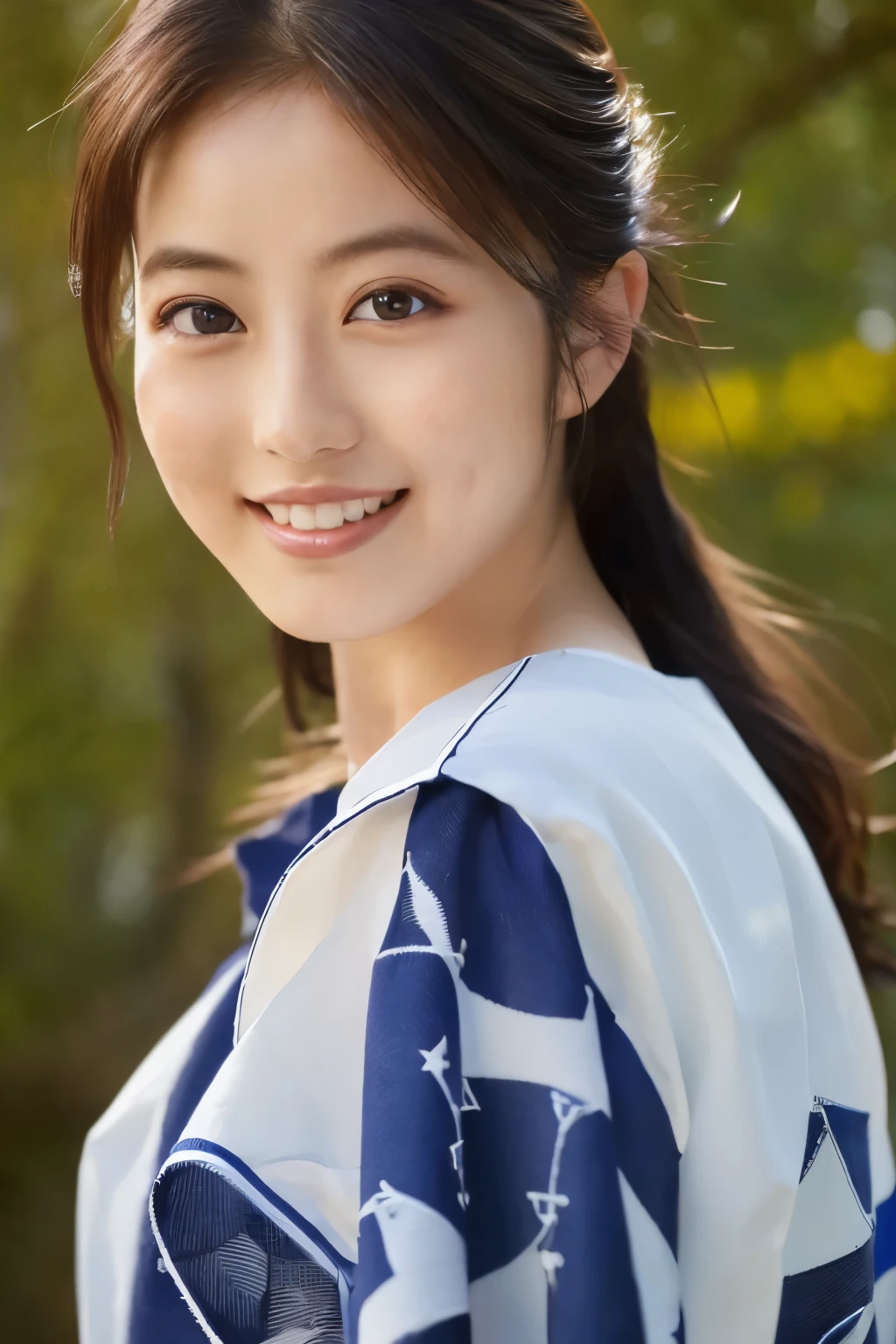 ((Top Quality, 8K, Masterpiece: 1.3)), Sharp Focus: 1.2, (Super Beautiful Face: 1.0), (Slender Abs Beauty: 1.0), (Shiny Skin: 1.0), Realistic Photography, Black Hair, Realistic Pupils, Video Lighting, High Definition Eyes and Face, Video Lighting, (Cowboy Shot: 1.3), (Japanese Cute Actress), in nature, smiling, Looking at the audience, head on