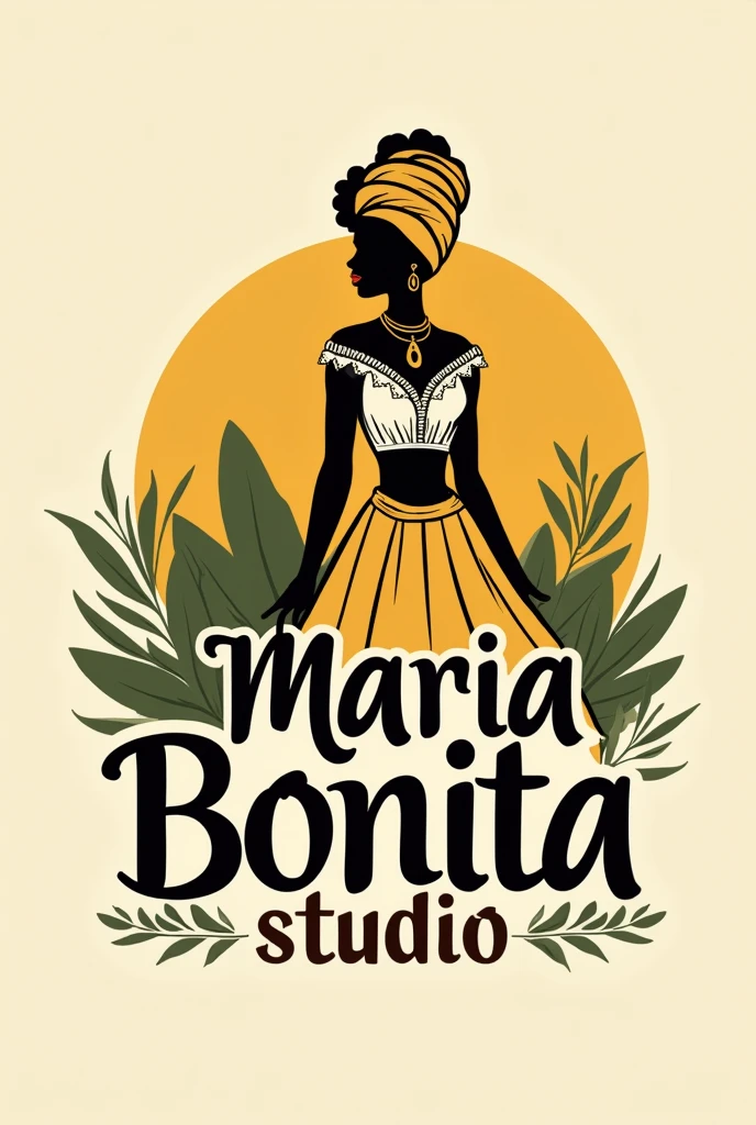 To create a logo for "Maria Bonita Studio" that reflects Afro-Brazilian culture and the style you mentioned, here are some ideas and elements you can consider:

1. Cultural and Religious Elements:
Figure of a Bahian Woman: Consider a silhouette or illustration of a Bahian woman in traditional dress. She may be wearing traditional clothes, like the flared skirt, blouse with lace details and turban or headwrap.
Religious References: If you want to incorporate references to African religious culture, consider including subtle elements such as the symbol of Candomblé women, For example, using stylized images of elements associated with the orishas or symbols of protection.
2. Paleta de cores:
mustard yellow: Use mustard yellow as the main color to create a feeling of warmth and welcome.. Combine with complementary colors that don&#39;t distract from the yellow., like neutral or earthy tones.
Add-ons: Add accents in soft contrasting colors, like white, brown or olive green, to enhance the design without competing with the mustard yellow.
3. Typography:
Elegant and Artistic Font: Choose a font that is elegant and reflective of the artisanal style. Fontes with an toque artesanal ou manuscrito podem funcionar bem para transmitir a personalidade do ateliê.
Customization: Consider styling the typography to incorporate elements of Bahian or African culture, as decorative patterns.
4. Layout e Design:
silhuette e Detalhes: The silhouette of the Bahian woman can be in the center or to the side of the text. Add cultural details around the silhouette, such as African patterns or embroidery elements.
Symbol Incorporation: Incorporate symbols such as traditional necklaces, ethnic ornaments or patterns to enrich the design.
5. Examples of Visual Ideas:
silhuette + texto:

A stylized silhouette of a Bahian woman in traditional mustard yellow clothing. the name "Maria Bonita Studio" can be below or next to the figure, with an