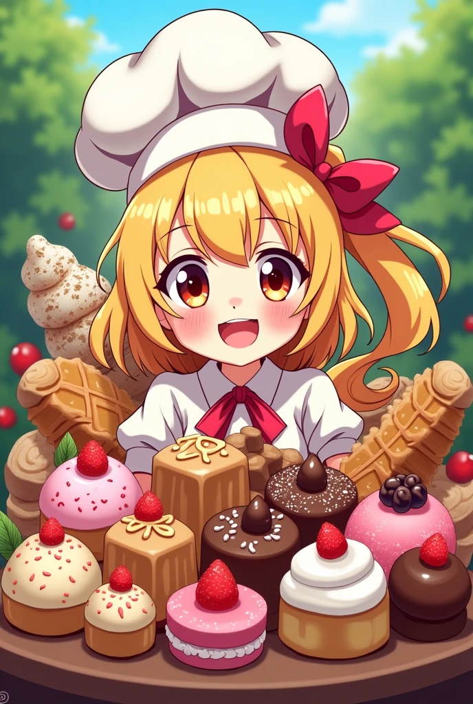 logo,Kizi, anime food, baking art, brigadiers frescas ao fundo, candies, Truffles, brigadiers, chocolates, candies finos, blondie hair