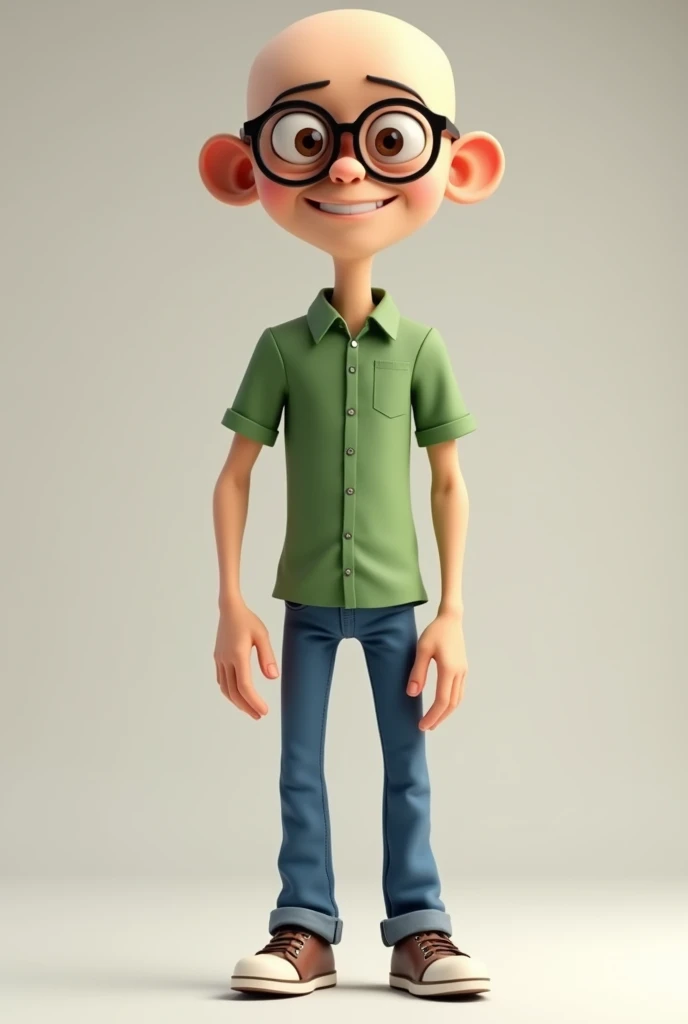 A happy 3d skinny man with beige skin color, with a light brown eye, baldie, with black rimmed glasses, a green short-sleeved dress shirt, blue jeans, and a dress shoe