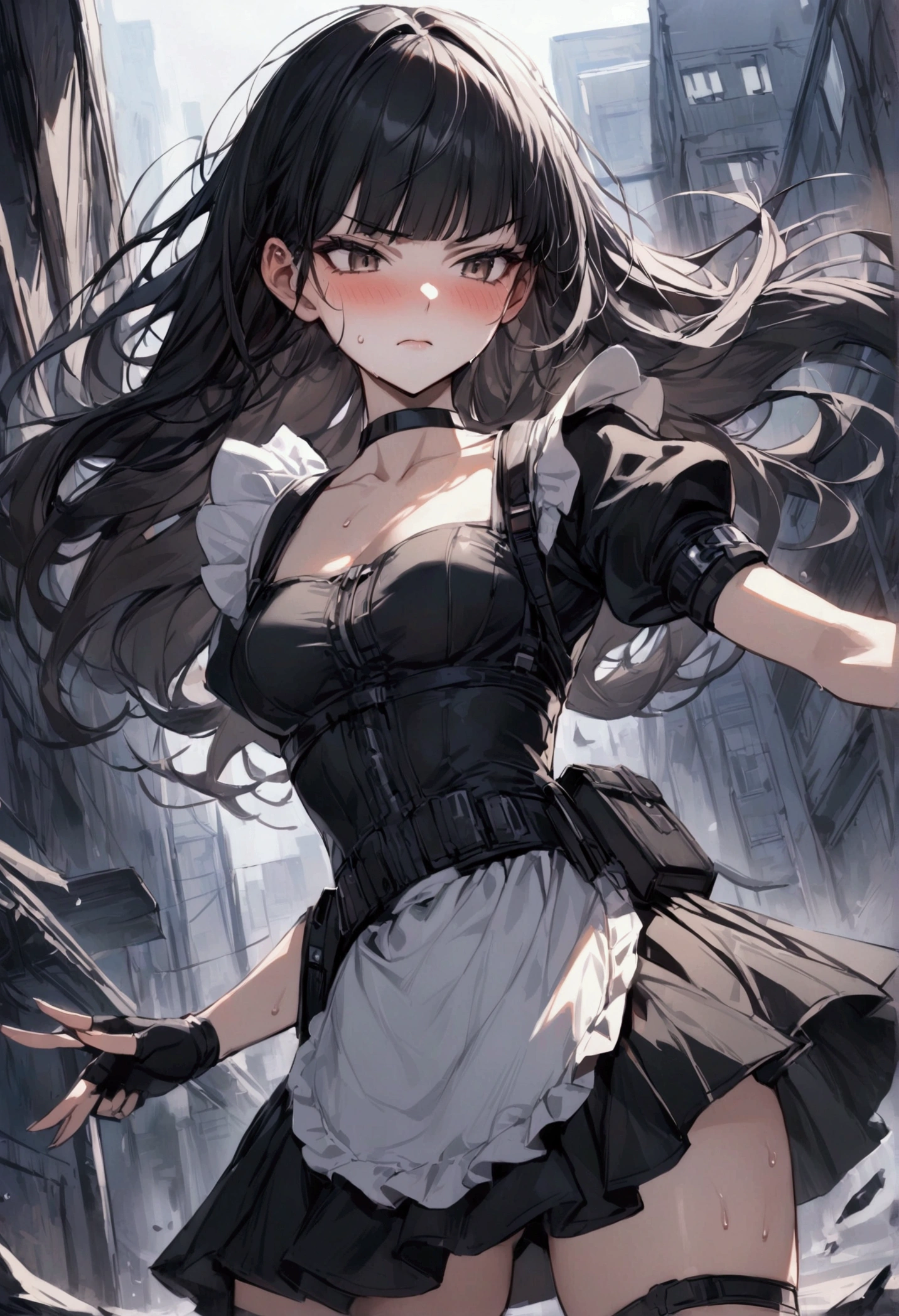 1girl solo,Female fighter ,maid outfit, collarbone, white puff sleeves, black shoulder straps, black corset, black flared mini skirt, blunt bangs, black choker. Dynamic composition,{{fight}},{{masterpiece}}, {{{Highest quality}}},{{Very detailed}},holster ,Fight,,{{v-shaped eyebrows}},Bad mood,blush,Sweat,raise one's eyebrows ,Black hair Long hair,Blunt bangs ,cyberpunk ,Black fingerless gloves ,White frilled apron,school yard