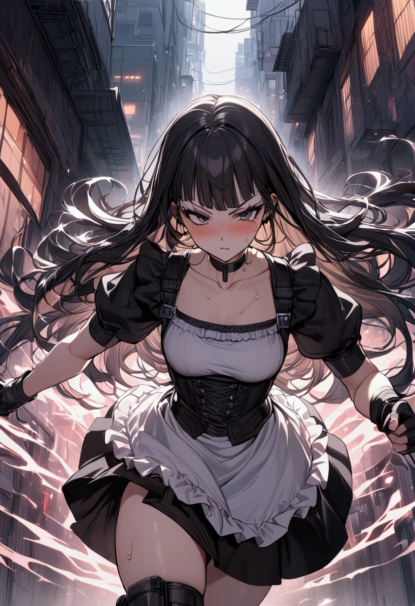 1girl solo,Female fighter ,maid outfit, collarbone, white puff sleeves, black shoulder straps, black corset, black flared mini skirt, blunt bangs, black choker. Dynamic composition,{{fight}},{{masterpiece}}, {{{Highest quality}}},{{Very detailed}},holster ,Fight,,{{v-shaped eyebrows}},Bad mood,blush,Sweat,raise one's eyebrows ,Black hair Long hair,Blunt bangs ,cyberpunk ,Black fingerless gloves ,White frilled apron,school yard