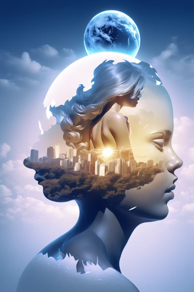((monochromes))、Depicting events in a dream、Looking at the Earth from the Moon、 Translucent girl、Moonlight passes through the body、((Super multiple exposure where the background passes through the body))、I can see your beautiful feet、full body Esbian、Earth can be seen in the background