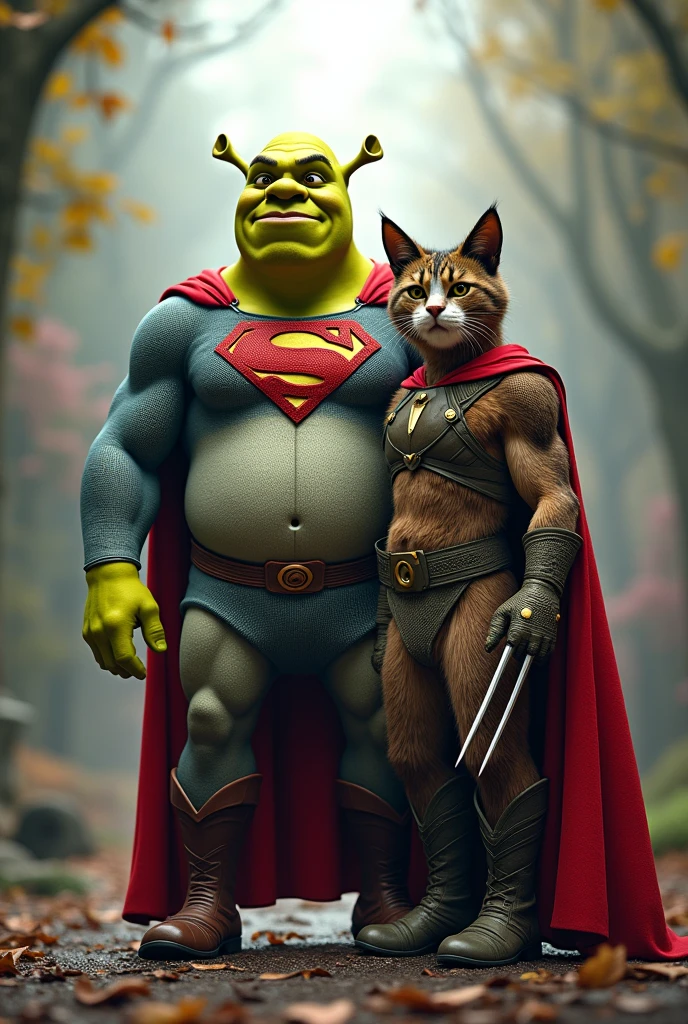 Sherek com roupa de superman e gato de Puss in Boots com roupa do Wolverine 
 