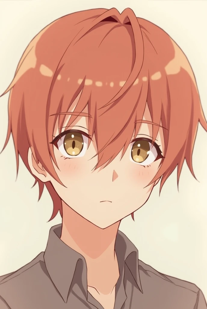 Anime boy with light red almost light brown hair down with a long megon to the nose with light brown eyes