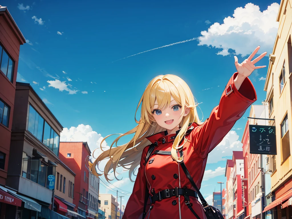 An anime-style blonde girl in a red coat, greetings, smiling, waving hand