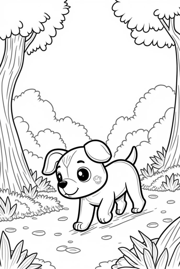 Cartoon style illustration of a dog in the forest, black and white, for coloring without shading, cute