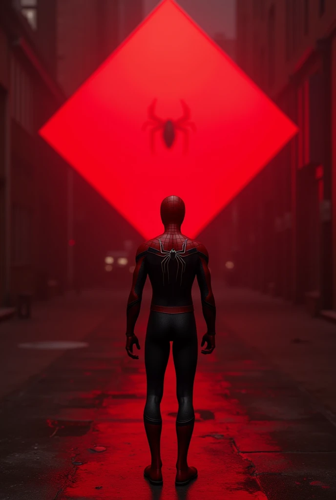 Spider-Man looking to a red diamond. He is dressed in an all-red uniform. There is an add writed the words: "Great ROLES comes great responsibility", Sublime, Chic Modernist, Goblincore, top-down, cgi, Hi-fi, Installation, black colors, Gothic , strobe lighting, Ultra-realistic, highly detailed, PBR materials, Unity engine, volumetric lighting, 8k --ar 16:9