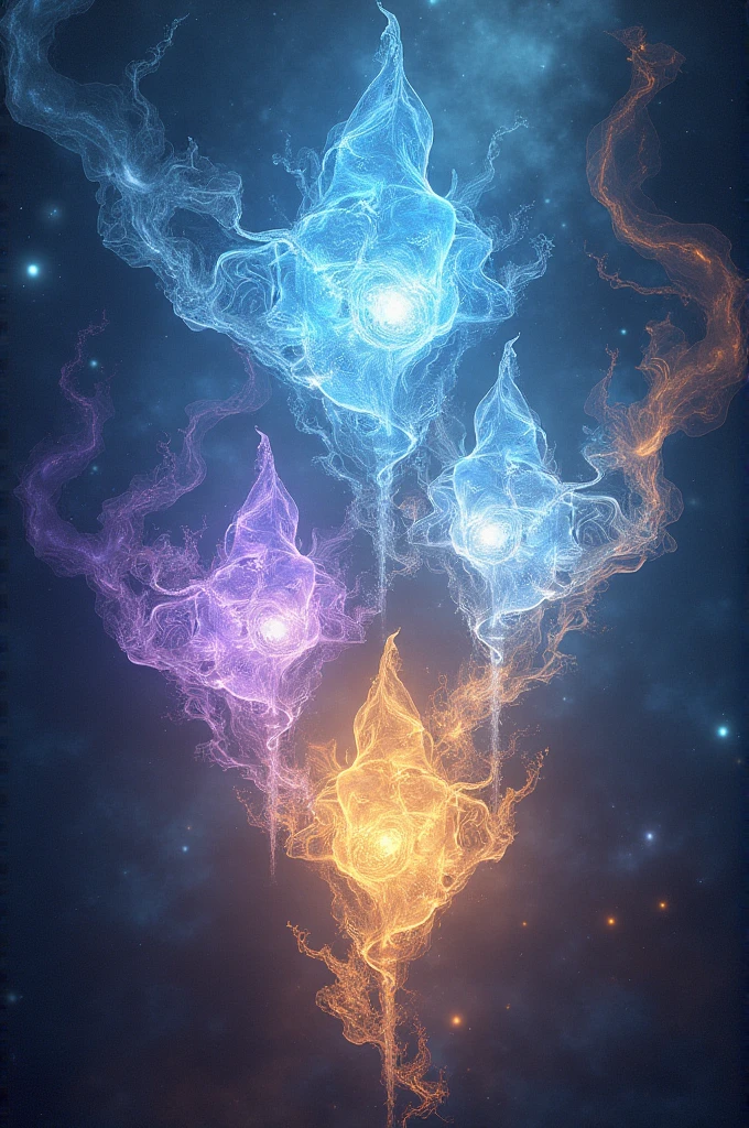 

Create a hyper-realistic image of ninth-dimensional beings, known as light fractals. These beings are made of pure energy, with ethereal and complex shapes, appearing to emanate an intense, bright light in a variety of vibrant colors, like sky blue, gold and violet. They should have a translucent appearance, with intricate geometric lines and patterns that appear to flow and move, as if they were made of liquid light. No fundo, show a cosmic or dimensional environment, with nebulae and stars, reflecting the colors and patterns of beings. The image should convey a feeling of peace, wisdom and higher energy, capturing the essence of an elevated existence. Colors must be strong and striking, with a clear contrast between the beings and the background, highlighting the luminous and divine nature of these entities.