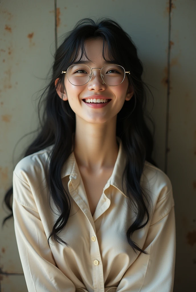 Wearing glasses, 1 Japan, Long Hair, High resolution, Small breasts, sight, Black Hair, Anatomically correct, Sparkling eyes, Eyebrows hidden under hair, hair band, Lightweight long shirt dress, Full body portrait,Long Hair, look up, Portrait Photography, 3D Rendering, Naughty laughter,