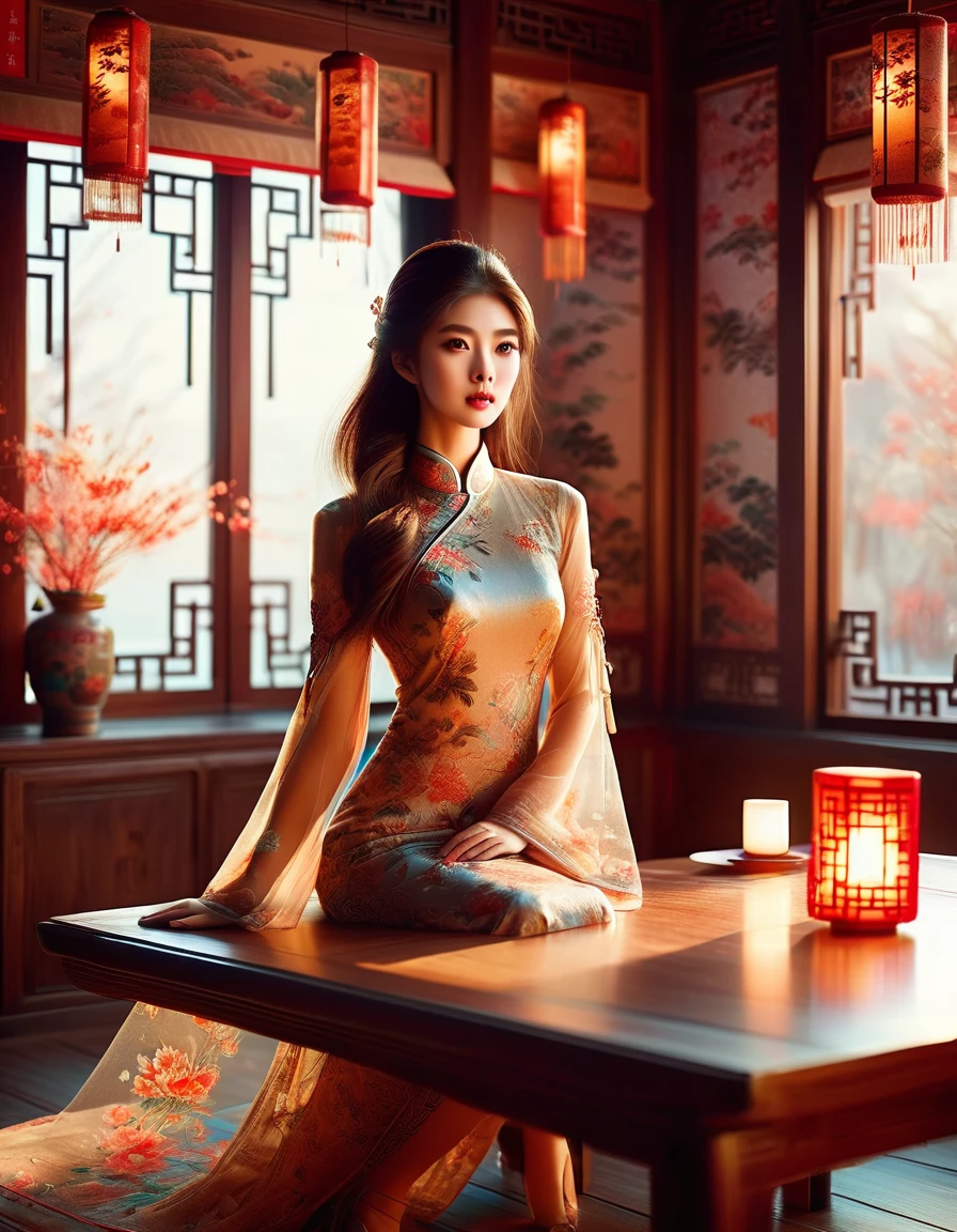 a delicate girl in a chinese-style room, long brown hair, big eyes, wearing a long cheongsam dress, sitting at a wooden table by the window, intricate interior details, warm lighting, cinematic composition, delicate elegant digital illustration