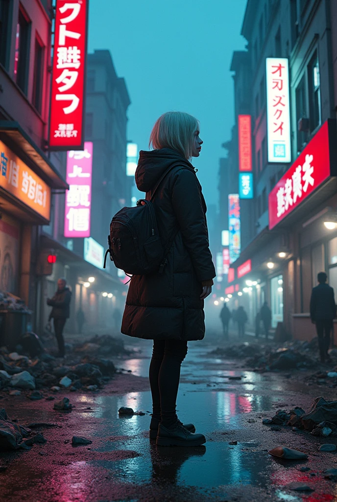 (masterpiece:1.4), (intricate:1.2), (detailed:1.2), (vibrant colors:1.2), BREAK,
(cyberpunk:1.2), BREAK,
(1girl:1.2), white skin blond(urban techwear:1.0), (pensive.1.0), (lost in thought:1.0), (daydreaming:1.0), BREAK,
(neon ads:1.0), (squalor:1.0), (dark:1.2), (poverty:1.0), (futuristic skyline :1.1) apocalyptic