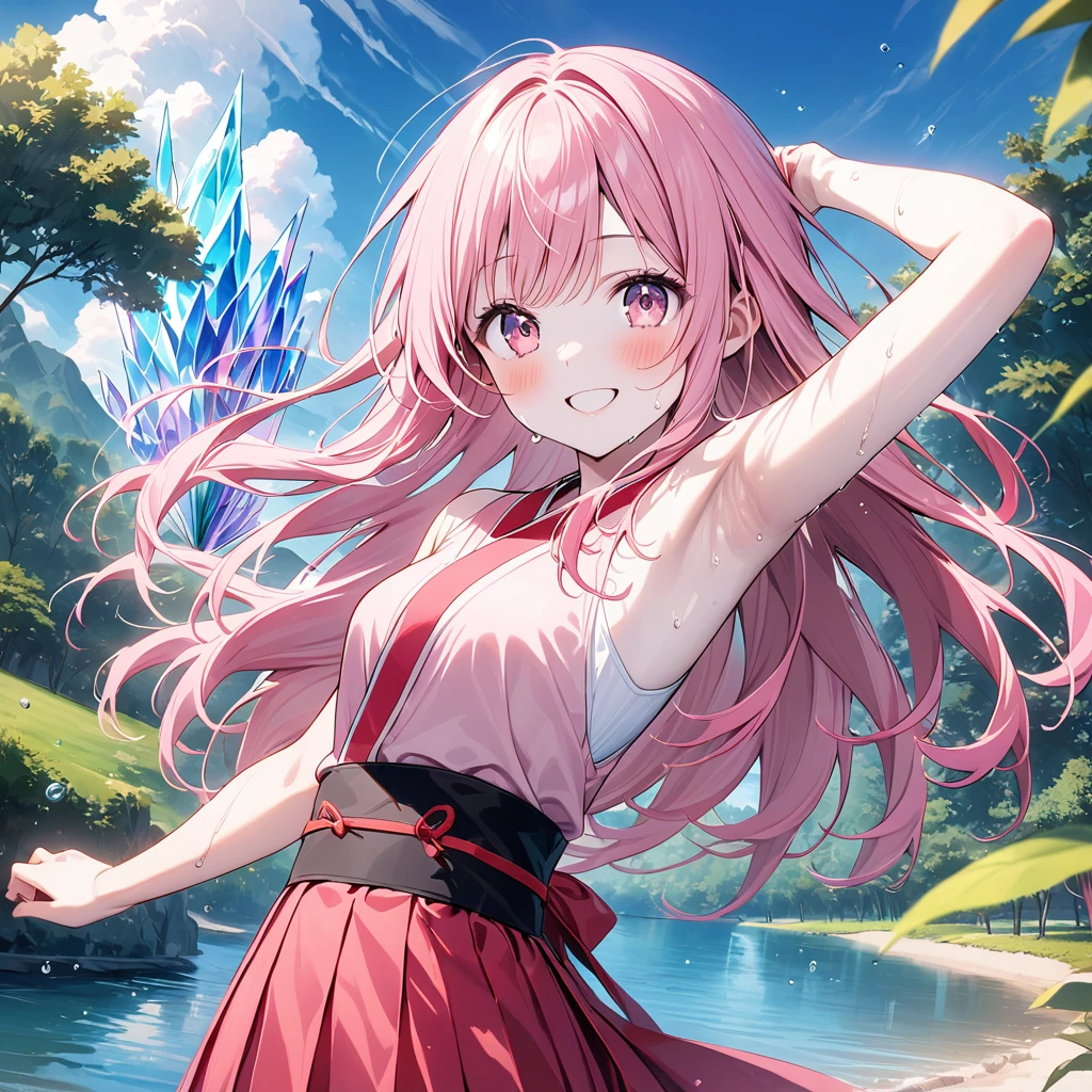 (1 person),(Best image quality, 8k, masterpiece:1.3), (high school student:1.5), ((Pink lob hair:1.1)), (Bobcut),(Swept-apart bangs), (Cute eyes, Iris Sky Blue, like々funny Face), (Standard weight), (Small breasts), (Glowing Skin:1.3),(Pale skin:1.2),(Sweaty skin:1.2),(smile),YunaX, Removable sleeves, kimono, sash, Hakama skirt, break ((Show me your armpits)),(Crystal Tree), (flying debris), (Highest quality), Very detailed, ((1 person)), Focus Only,dynamic,((smile)),Perfect Face, 美funny Face, Very detailedな顔,(Pink long hair_Pink Eyes:1.3),Swimwear,Idle only,Gorgeous hair ornament,smile,lake,smile,alone, 1 personの, blush,
blush,