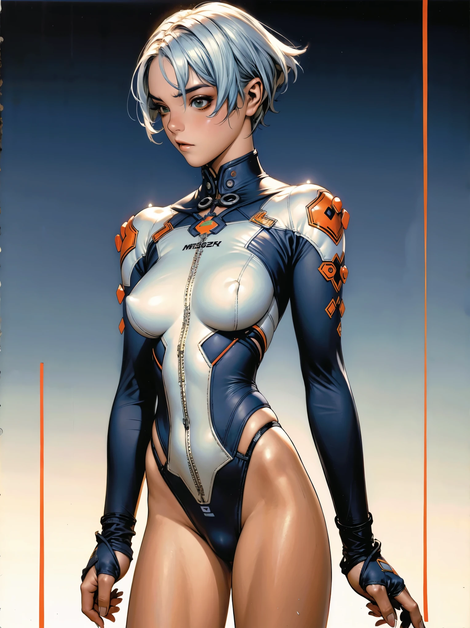 (((Anby Demara))), (((blue SUIT))), ((Zenless Zone Zero)), ((( soldier suit ))), (((clear blue short haircut))), (((Russian girl))), ((high collar)), (((blue suit))), (((best qualityer: 1.4))), (Unbeatable masterpiece), (hiper HD),(CG 8k hyper-realistic), (((brave face))), ((( big))), (((hyper feminine))), sexly girl, ((( sculptural body ))), (((1 Kizi))), Kizi cibernética de 25 anos com perfectbody,,Beautiful and well-groomed face,muscular body:1.2,solid color detailed jacket, (Head to thigh photos)， Complex equipment, green dark，Long pants，Tight clothes are dark，With white stars and off-white stripes,,,,,Armor Metal Electronic Parts, Poison tattoos ) INFO, Kizi, (((standing alone))), pirralha violent, ((())), sexly, pose de atitude, work of art, post-apocalypse, (((manga style))), bounty hunter, violent, Manic, the way you want, slenderbody, thin but strong, perfectbody, roupa moderna, advanced technology, neon, sleeves with vertical striped pattern, neutral background, (( cowboy shot )). intricate visual