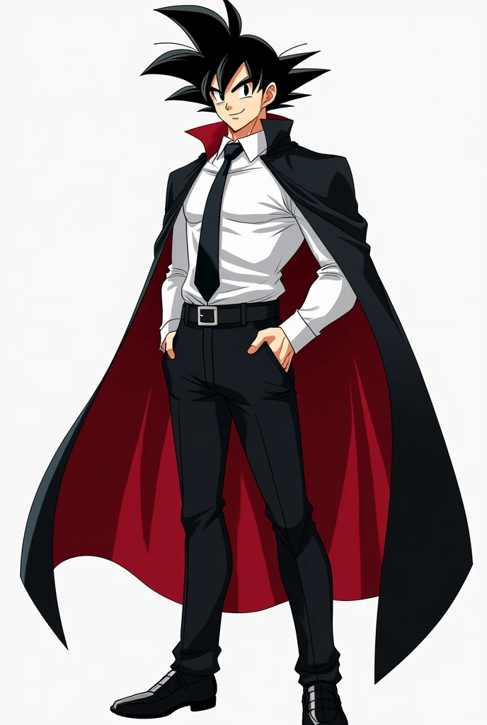 Make Goku with a white dress shirt, black tie, black dress pants, black belt and black shoes, make him smile and with normal shirt sleeves. Put a black cape with a red interior over your clothes.