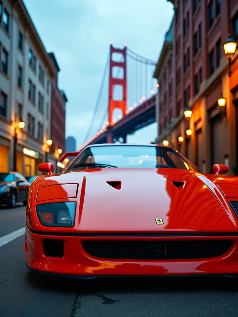 A close-up of an orange Ferrari F40 parked in front of the San Francisco Bridge near a bay area with a white and brown office, classic brick, clear lighting with a blue-gray sky and blue and orange lighting, photo, cinematic, vibrant