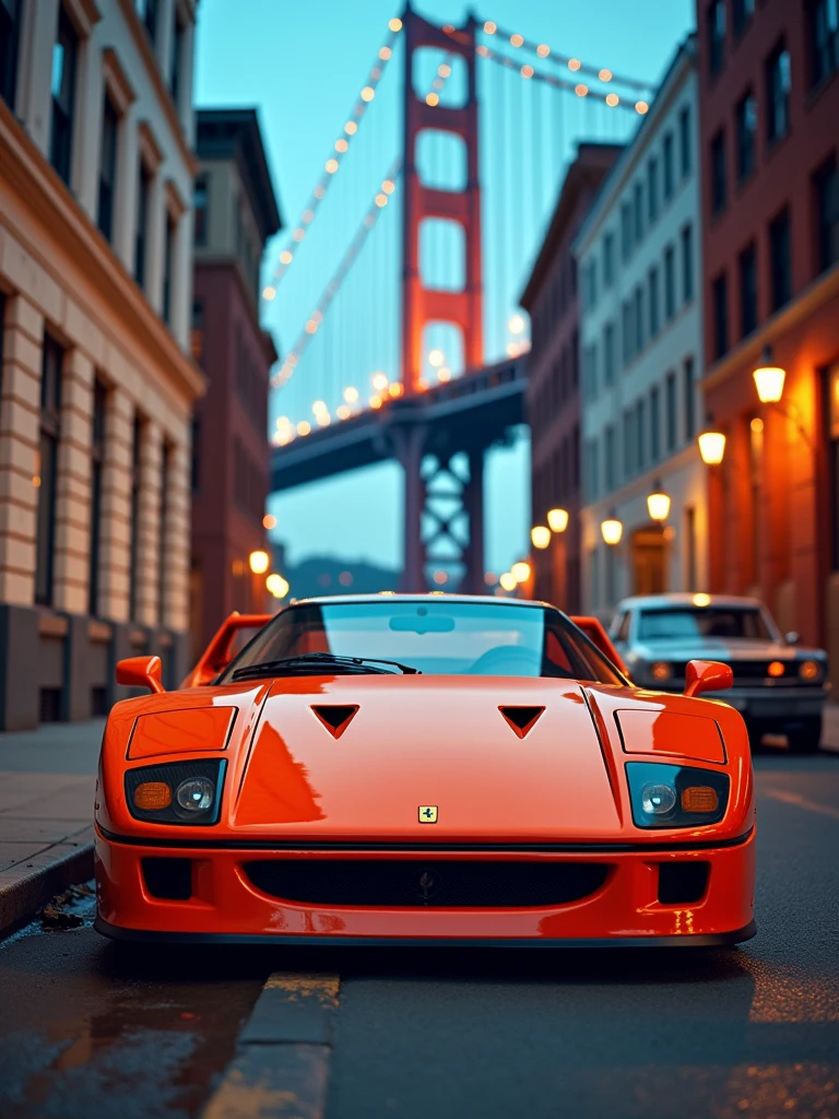 A close-up of an orange Ferrari F40 parked in front of the San Francisco Bridge near a bay area with a white and brown office, classic brick, clear lighting with a blue-gray sky and blue and orange lighting, photo, cinematic, vibrant