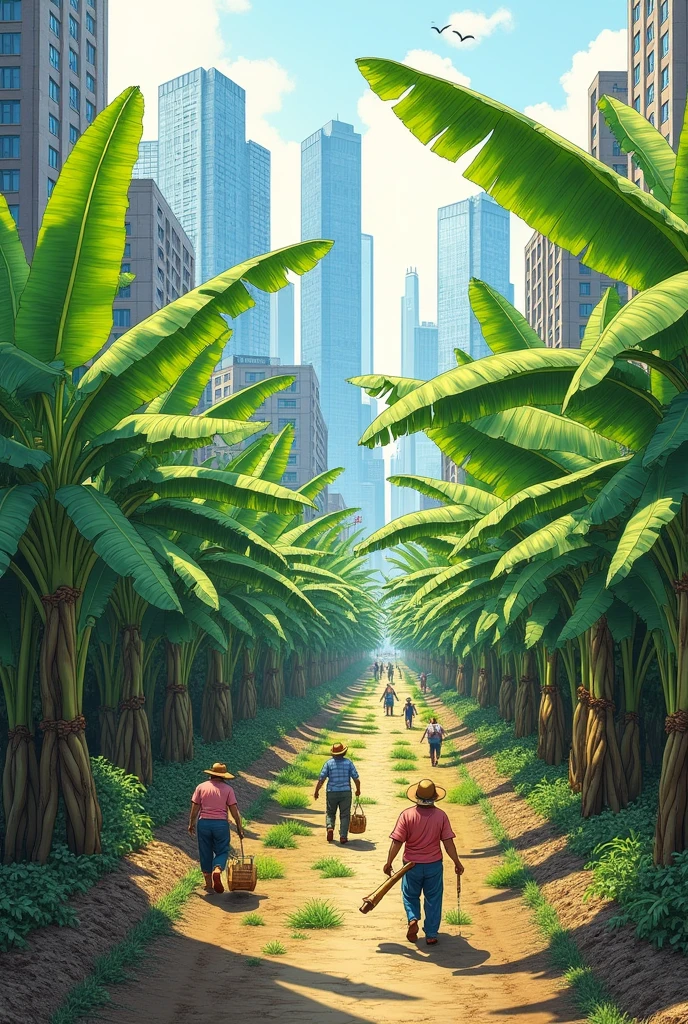Can you create a banana farm for me?, in urban drawing style Painting
