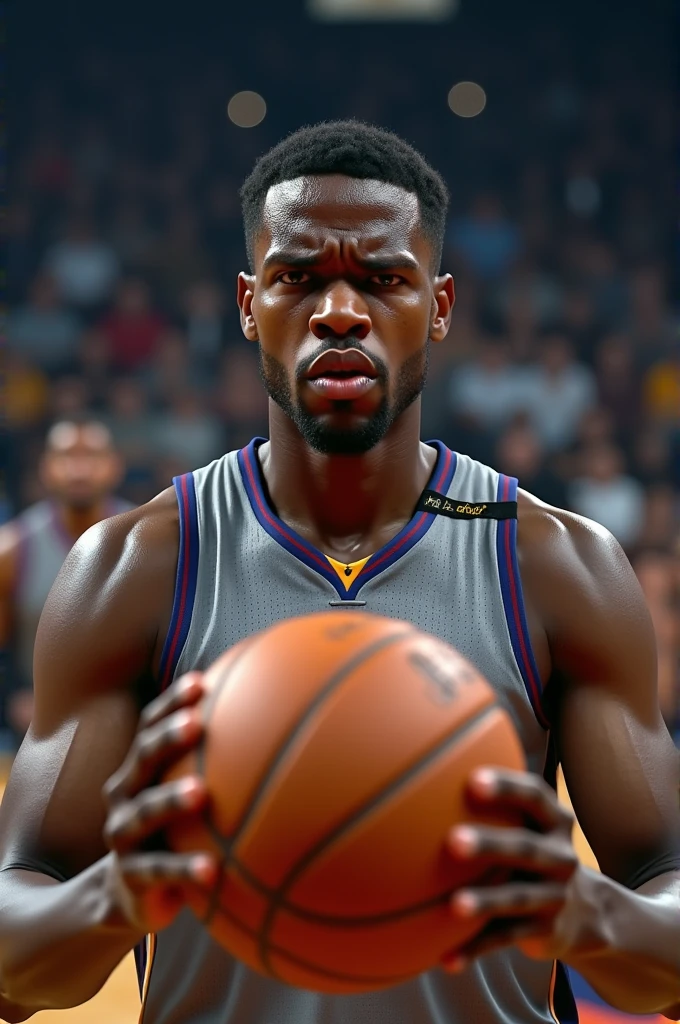 Close-up of a professional basketball player holding the basketball with both hands at chest level, he looks nervous on his face and behind him he has the stadium crowd booing him