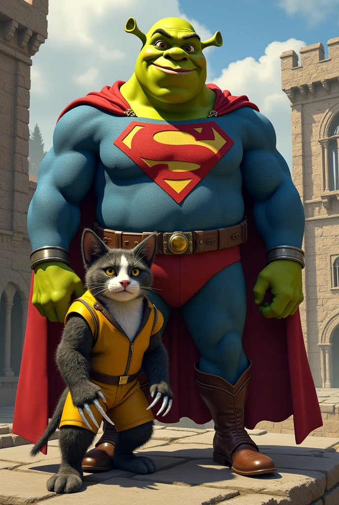 Sherek com roupa de superman e Puss in Boots com roupa do Wolverine