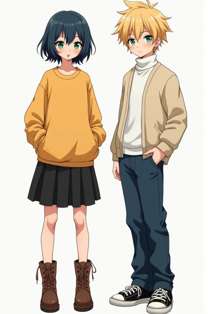Two twins, One is a man and the other is a woman, both with green eyes,pale skin with freckles on the face, The girl has navy blue hair and the boy has blond hair., They both have lip piercings, The girl wears a yellow loose sweatshirt, black skirt and brown boots, while the boy wears a white turtleneck shirt, a light beige cardigan sweater, Navy blue jeans and black tennis shoes, anime style