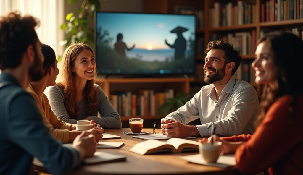 Create an immersive scene in a warm and welcoming environment, where a diverse group of people are watching a video in a room softly lit by natural light. on the screen, images from the channel Scenes from the writing, reflecting the deep themes discussed. Some people are smiling, others looking closely, all with expressions of clarity and inspiration. In the corner of the room, there is a table with mugs of tea, open notebooks and pens, symbolizing the exchange of ideas and learning. Ao fundo, a bookshelf filled with books on faith and knowledge complements the atmosphere of spiritual and intellectual pursuit.