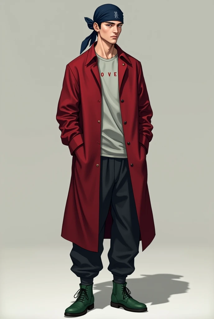 A man wearing a long dark red shirt that reaches to the knee with an opening in the front below the waist line and a light gray t-shirt underneath, with sweatpants, a green ankle boot, with a dark blue bandana on his head and a phrase written on his forehead love in Japanese