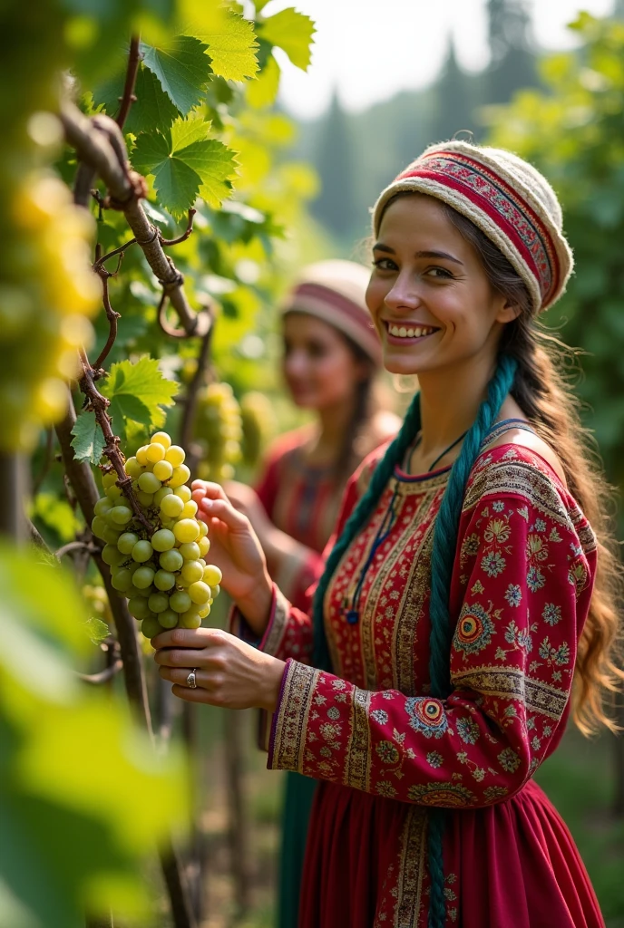 Uzbek 20 y.o girls are smiling and picking green grapes from natural garden, they are smiling and weared uxbek asian national clothes on summer they weared colourful national uzbek hats