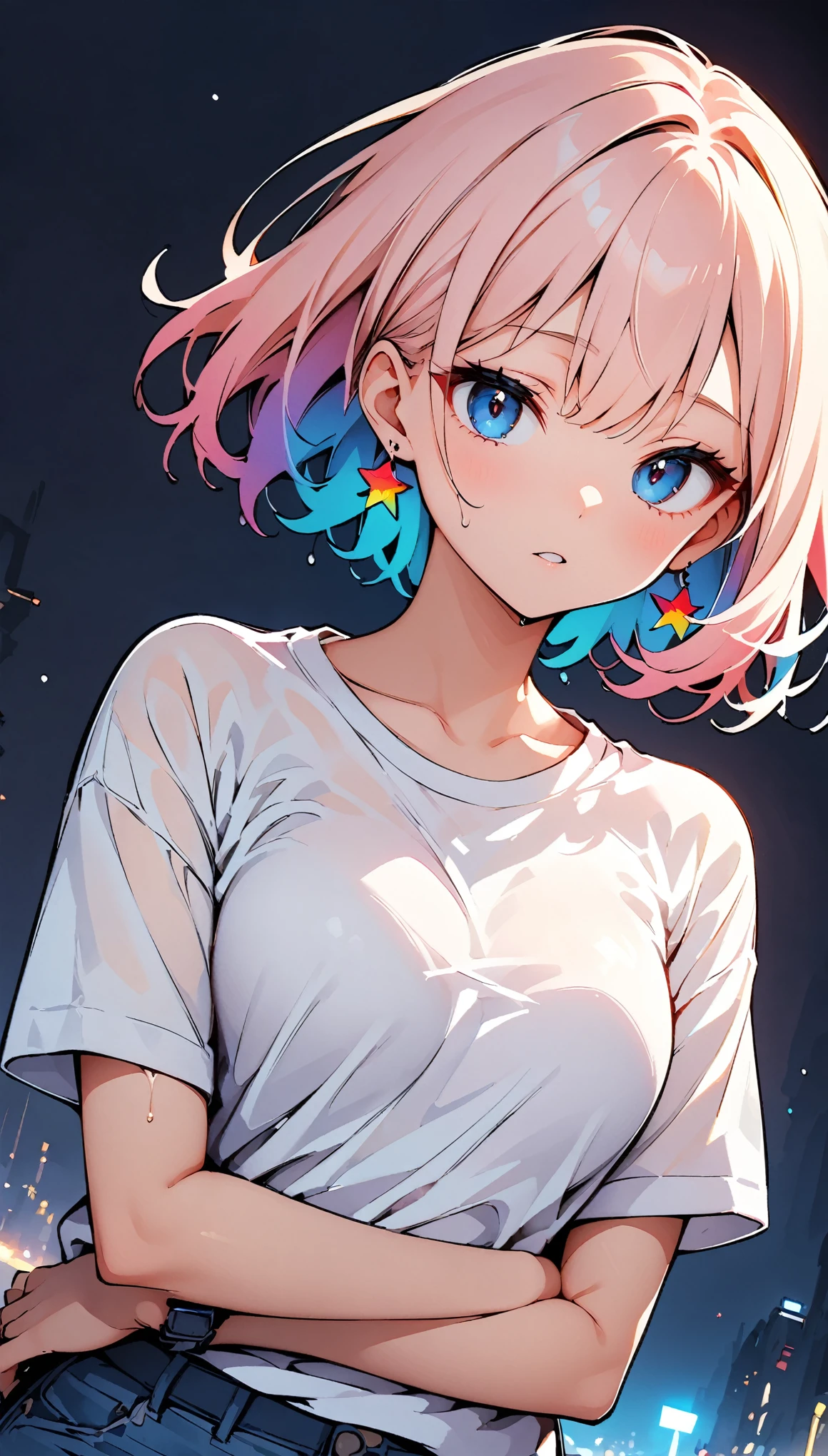 (high quality, 8k, 4K, High Contrast, masterpiece:1.2, 最high quality, Best aesthetics), (Dynamic Angle), ((1 female teen)), ((Plain and bright background)), ((Flat Color)),(Plain white T-shirt on the upper body), (jeans), Looking at the audience, Upper Body, Transparent Background, Sleepy eyes, High Contrast, Contrasting colors, Pale pink and blue lighting, ((Short Hair)) , Rainbow Hair, Small star-shaped earrings in both ears, watch, bright eyeshadow, Cool look, Wet T-shirt, Cowboy Shot